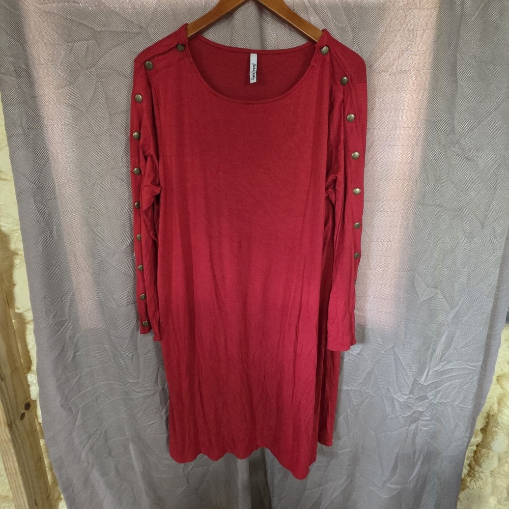 Rachel Pally Dress Womens 2X Red Solid Long Sleeve Scoop Neck Shift Knee Length